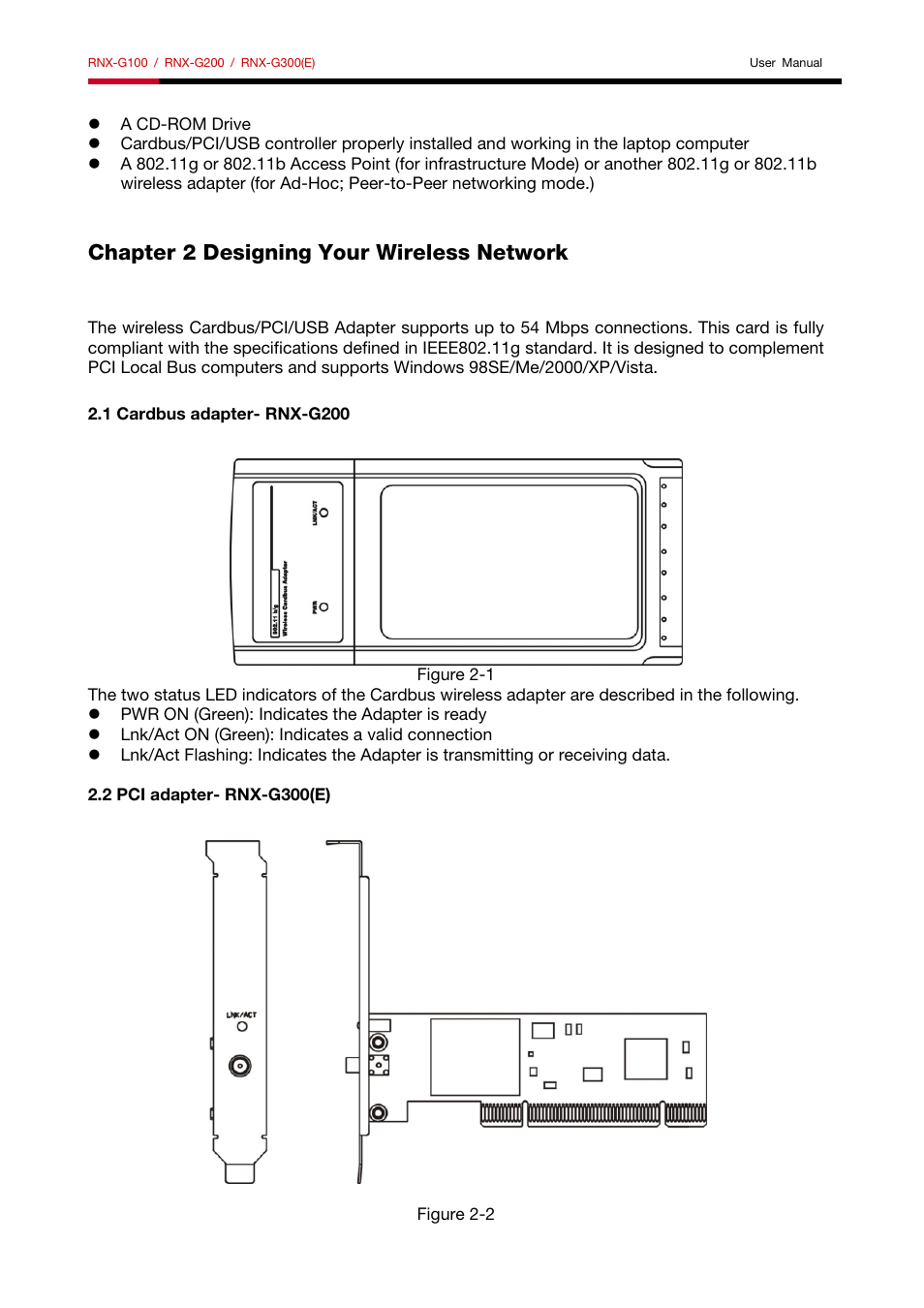 Chapter 2 designing your wireless network, 1 cardbus adapter- rnx-g200, 2 pci adapter- rnx-g300(e) | Rnx-g100 / rnx-g200 / rnx-g300(e) | Rosewill RNX-G200 User Manual | Page 4 / 20