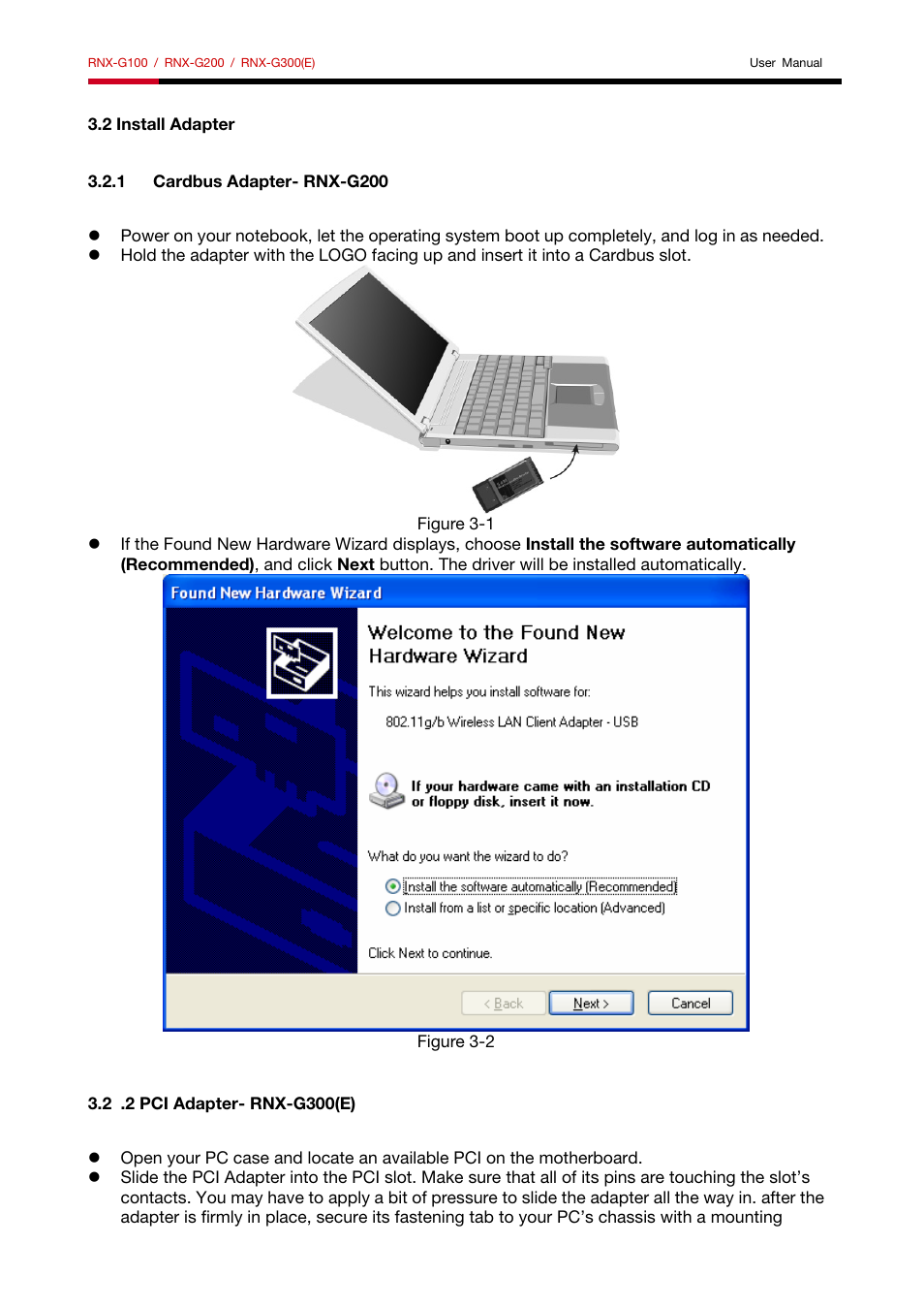 2 install adapter, 1 cardbus adapter- rnx-g200, 2 .2 pci adapter- rnx-g300(e) | Rosewill RNX-G200 User Manual | Page 7 / 20