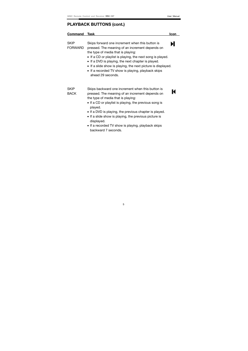 Playback buttons (cont.) | Rosewill RRC-127 User Manual | Page 6 / 10