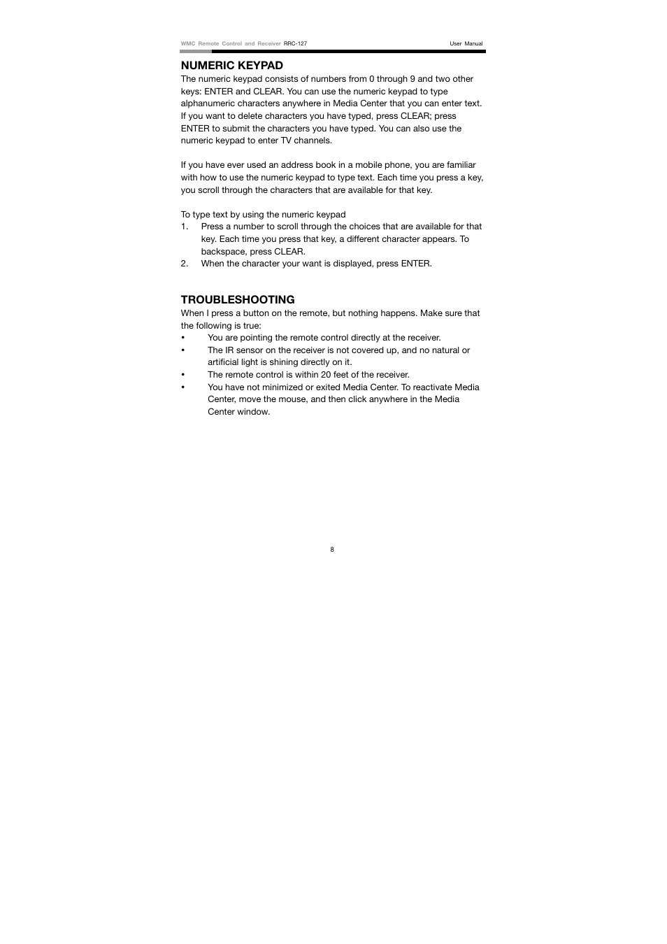 Numeric keypad, Troubleshooting | Rosewill RRC-127 User Manual | Page 9 / 10