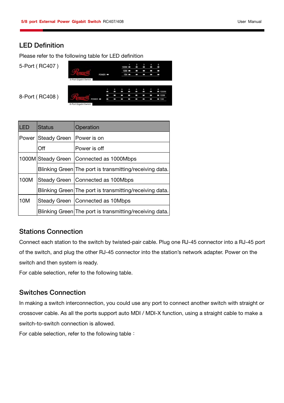 4 led definition, Stations connection, Switches connection | Rosewill RC-407 User Manual | Page 4 / 5