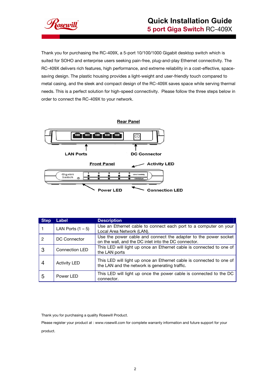 Quick installation guide, 5 port giga switch rc-409x | Rosewill RC-409X User Manual | Page 2 / 2