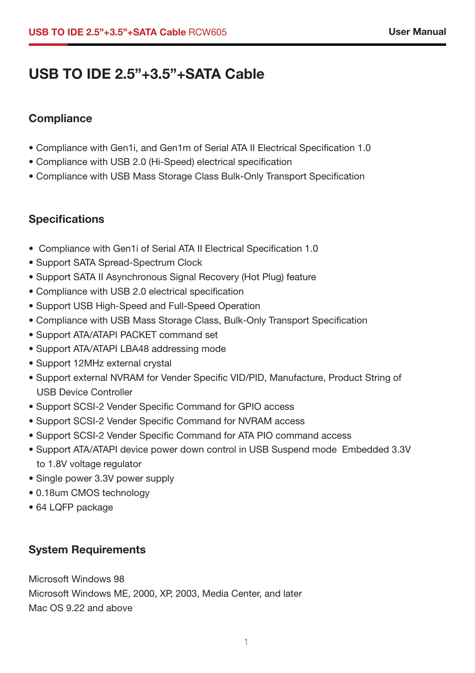 Usb to ide 2.5”+3.5”+sata cable | Rosewill RCW-605. User Manual | Page 2 / 10