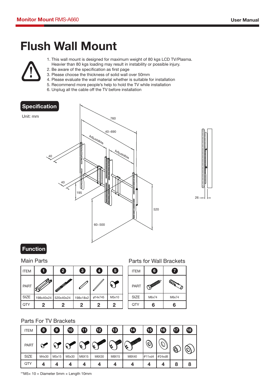 Usermanual-rms-a660-p1.pdf, Flush wall mount, Specification function | Main parts, Parts for wall brackets parts for tv brackets, Monitor mount rms-a660 | Rosewill RMS-A660 User Manual | Page 2 / 3