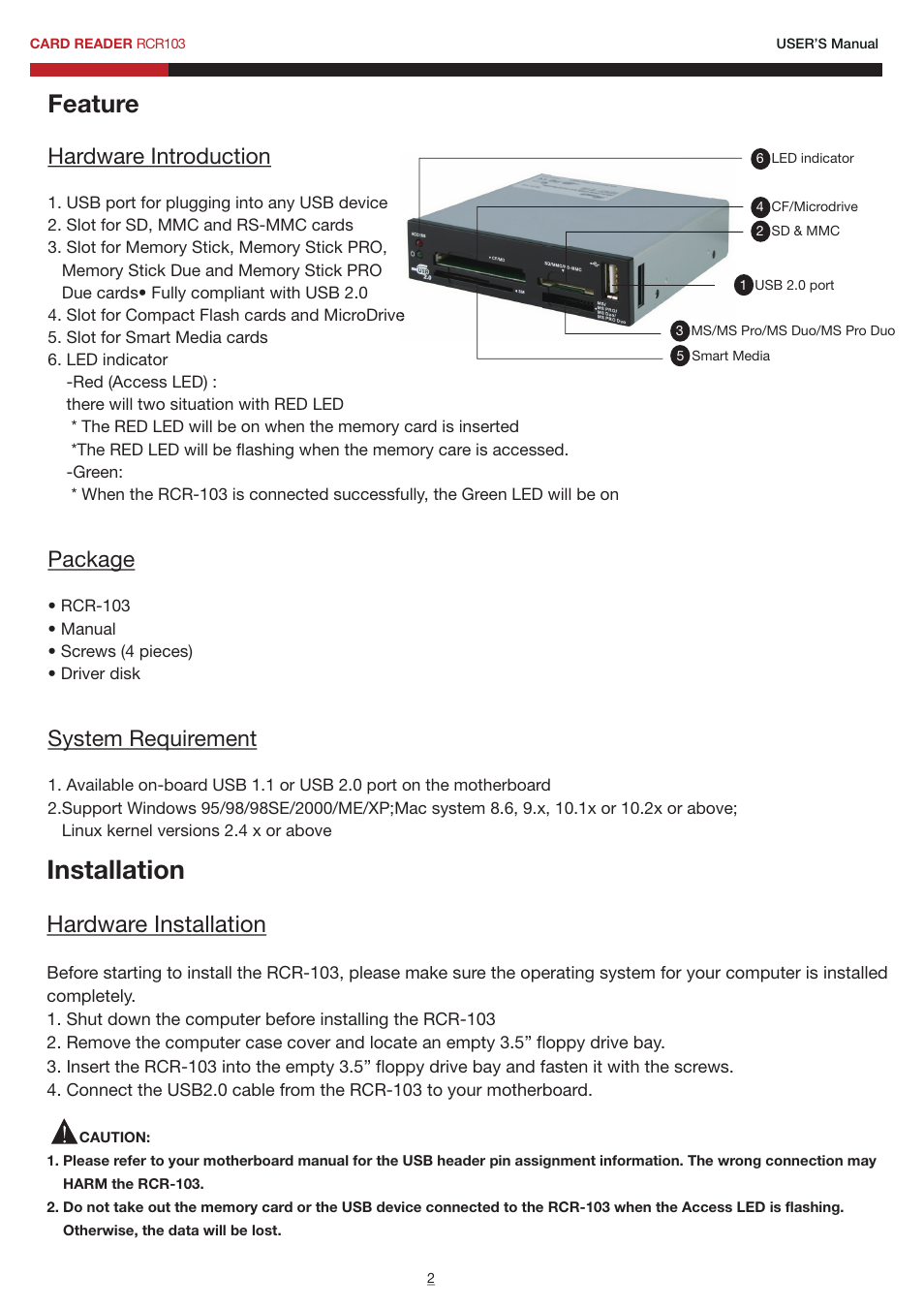 Installation, Feature, Hardware installation | Hardware introduction, Package, System requirement | Rosewill Card Reader RCR103 User Manual | Page 2 / 3