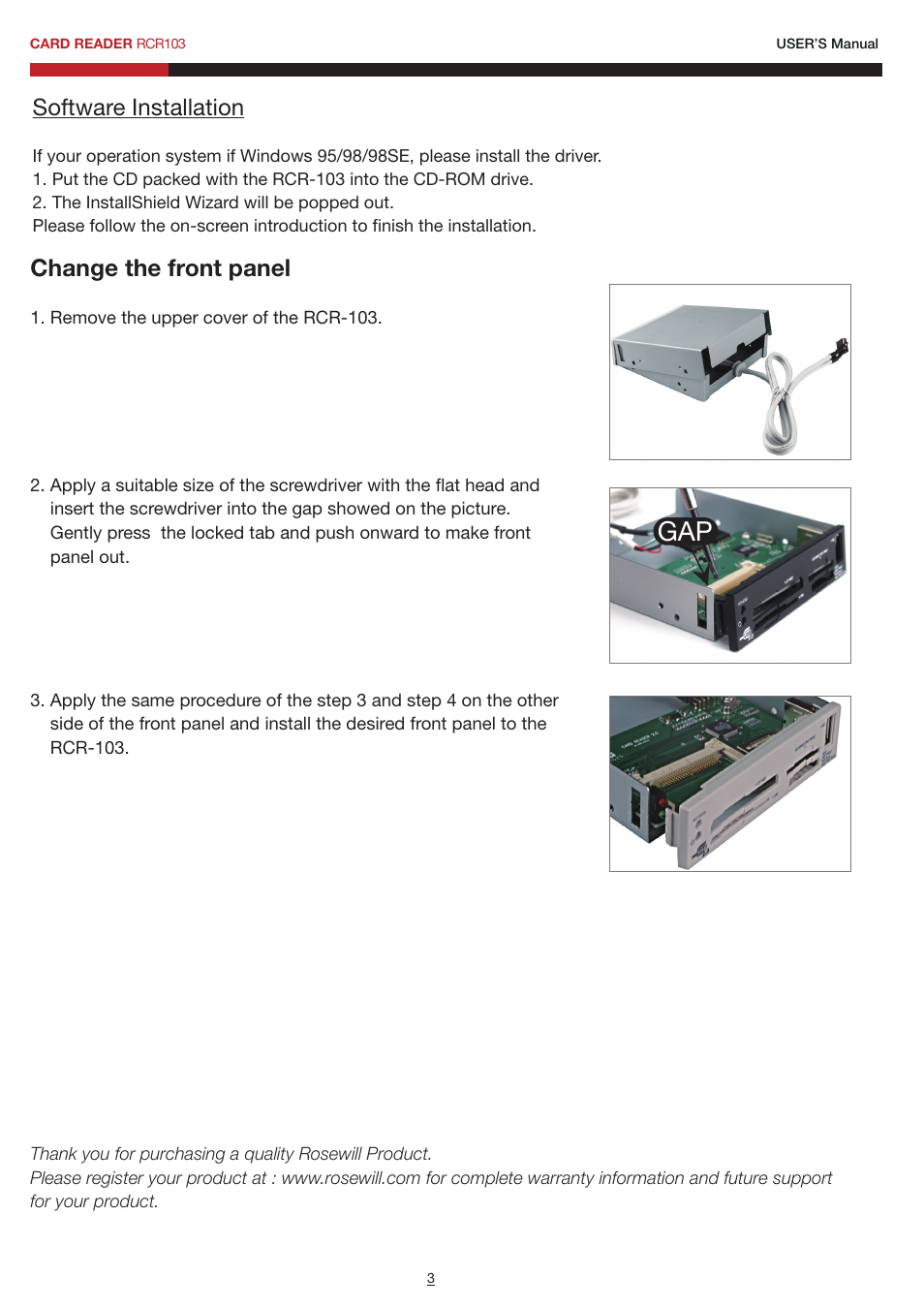 Software installation, Change the front panel | Rosewill Card Reader RCR103 User Manual | Page 3 / 3
