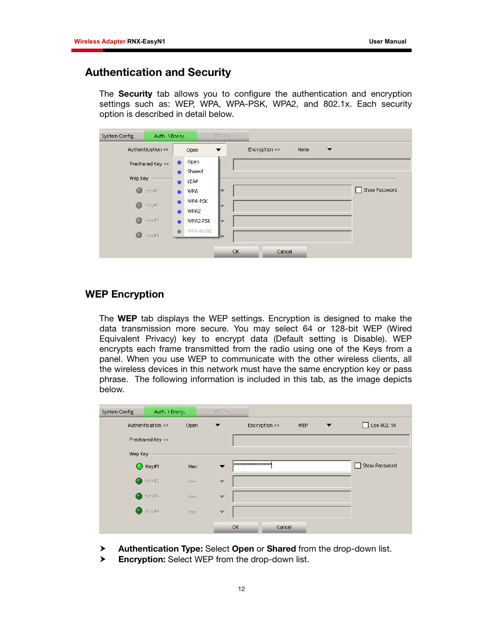 Uthentication and, Ecurity, Wep encryption | Authentication and security | Rosewill RNX-EasyN1 User Manual | Page 13 / 57