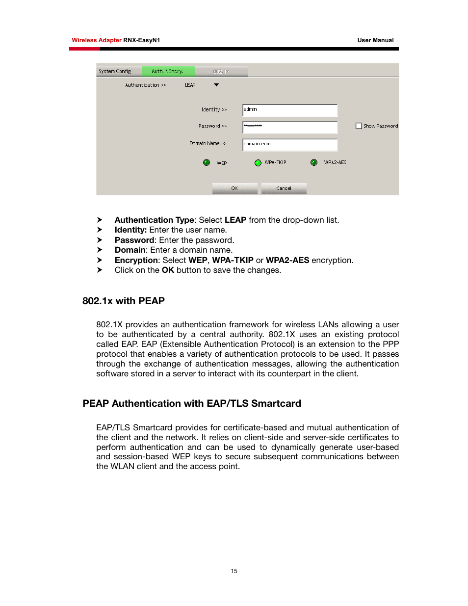 1x with peap, Peap authentication with eap/tls smartcard | Rosewill RNX-EasyN1 User Manual | Page 16 / 57