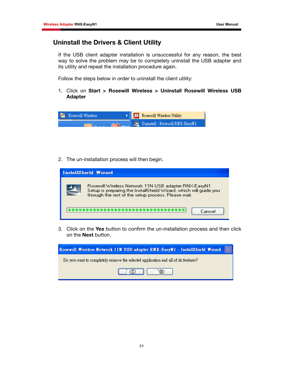 Ninstall the, Rivers, Lient | Tility, Uninstall the drivers & client utility | Rosewill RNX-EasyN1 User Manual | Page 25 / 57