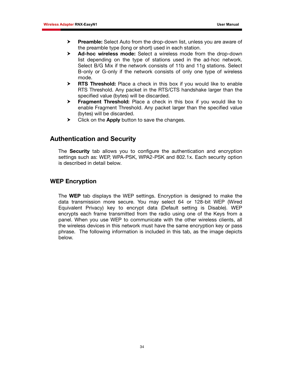Uthentication and, Ecurity, Wep encryption | Authentication and security | Rosewill RNX-EasyN1 User Manual | Page 35 / 57