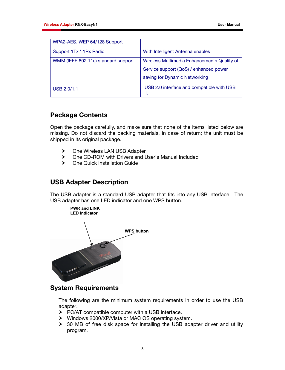 Ackage, Ontents, Dapter | Escription, Ystem, Equirements, Package contents, Usb adapter description, System requirements | Rosewill RNX-EasyN1 User Manual | Page 4 / 57
