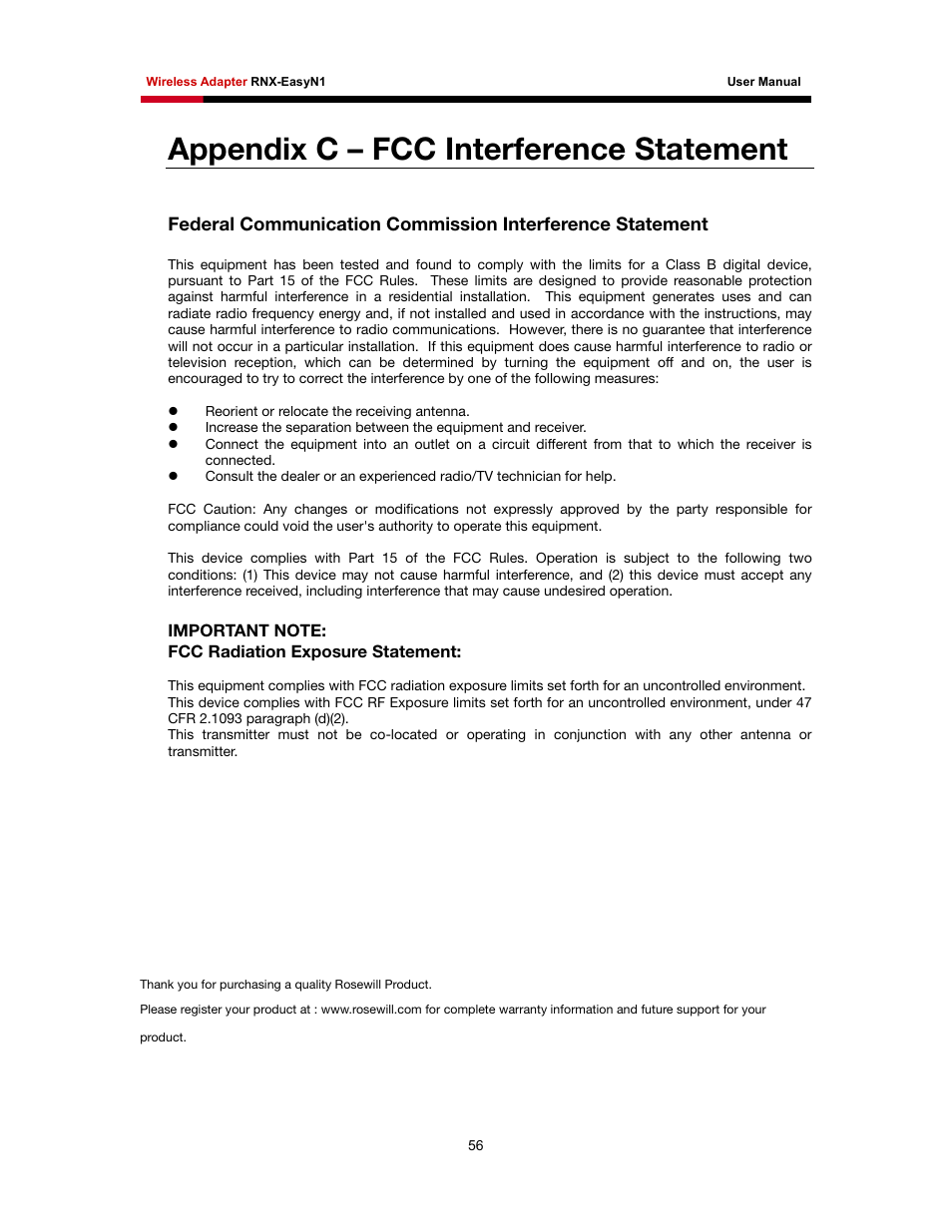 Appendix c – fcc interference statement | Rosewill RNX-EasyN1 User Manual | Page 57 / 57