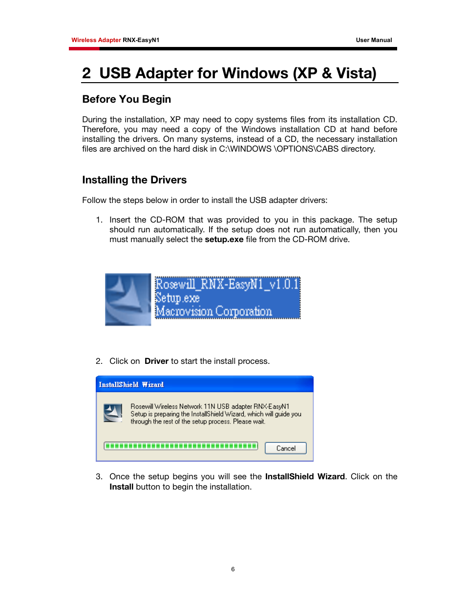 Usb adapter for windows (xp & vista), Efore, Egin | Nstalling the, Rivers, 2usb adapter for windows (xp & vista) | Rosewill RNX-EasyN1 User Manual | Page 7 / 57