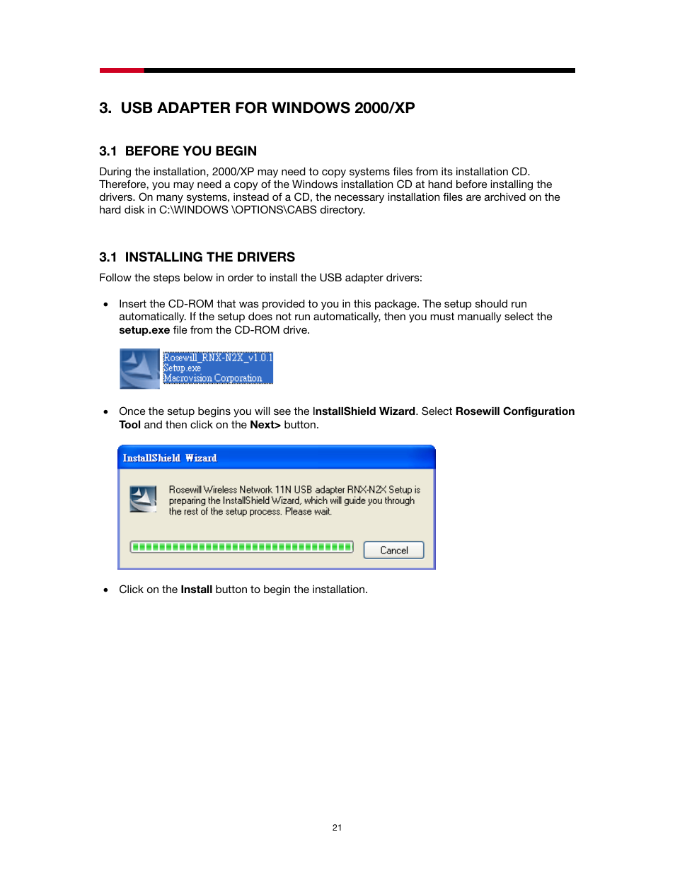 Usb adapter for windows 2000/xp, Efore, Egin | Nstalling the, Rivers | Rosewill RNX-N2X User Manual | Page 21 / 71