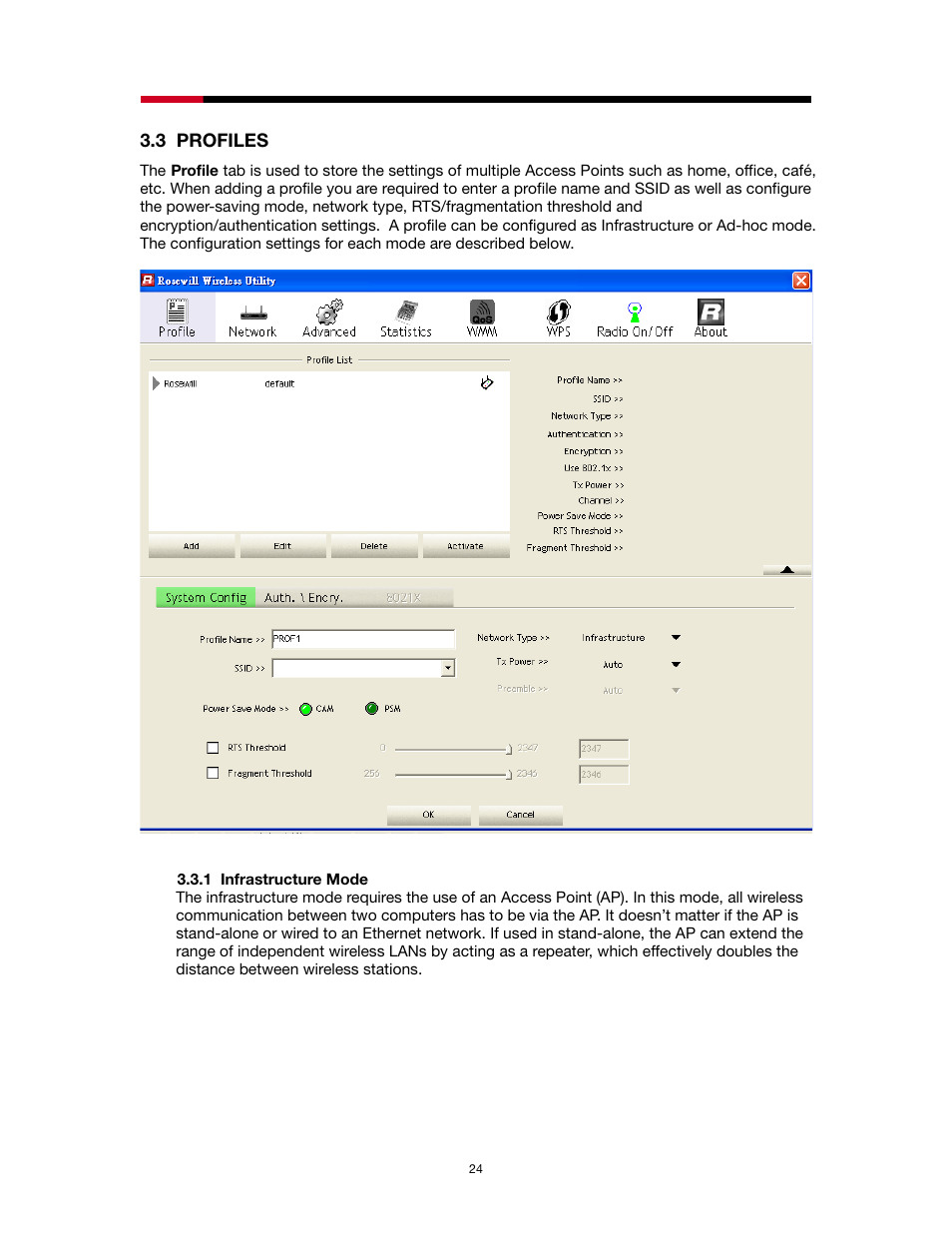 Rofiles, 1 infrastructure mode, 3 profiles | Rosewill RNX-N2X User Manual | Page 24 / 71