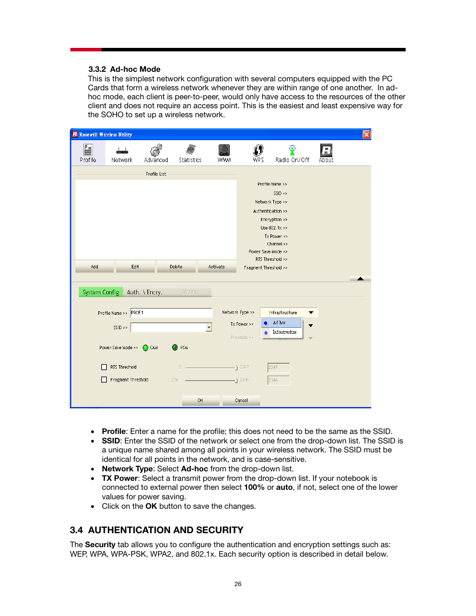 2 ad-hoc mode, Uthentication and, Ecurity | Rosewill RNX-N2X User Manual | Page 26 / 71