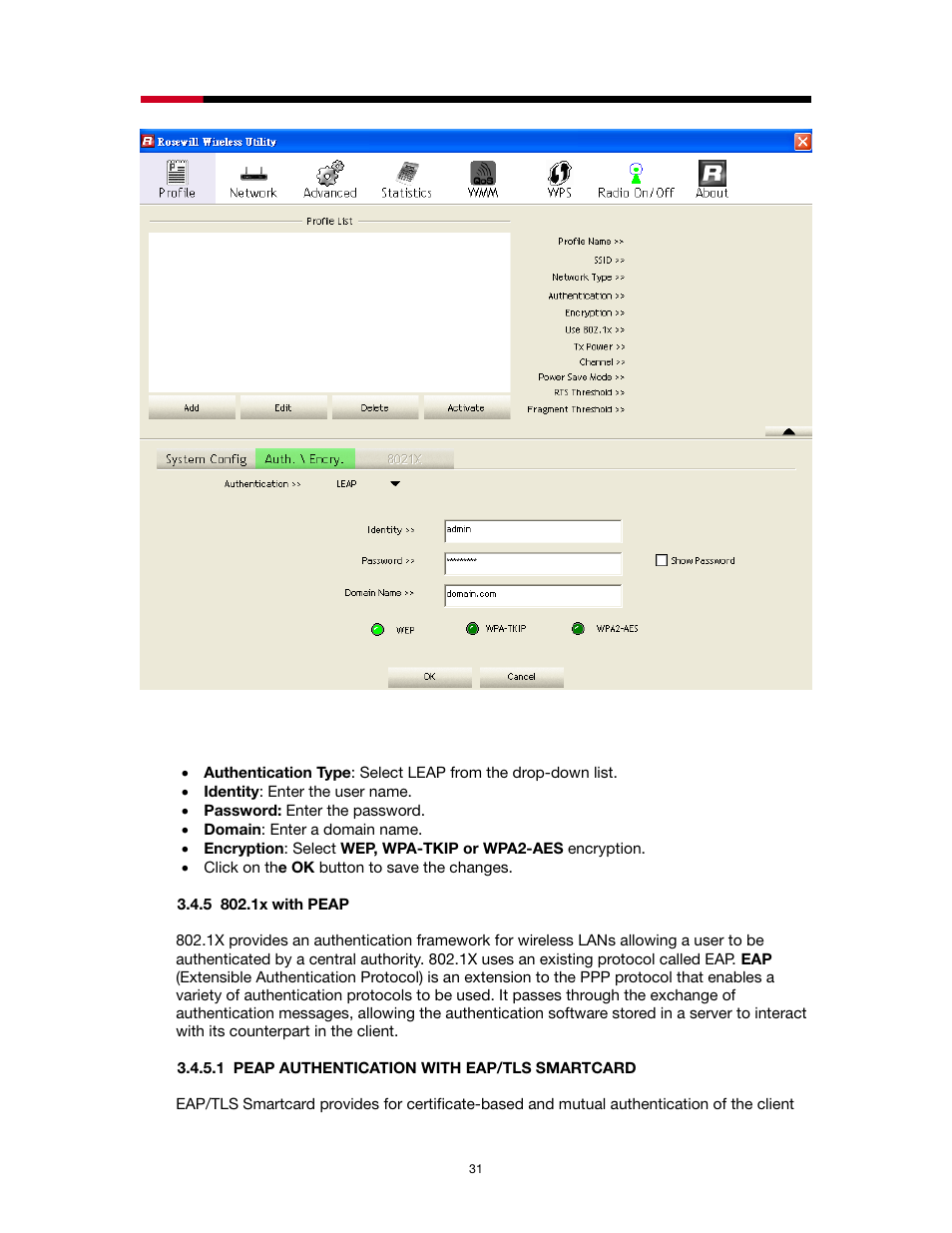 5 802.1x with peap, 1 peap authentication with eap/tls smartcard | Rosewill RNX-N2X User Manual | Page 31 / 71