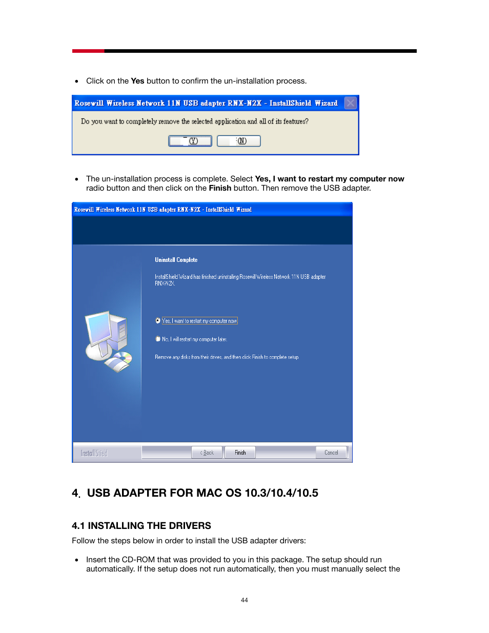 Usb adapter for mac os 10.3/10.4/10.5, Nstalling the, Rivers | Rosewill RNX-N2X User Manual | Page 44 / 71