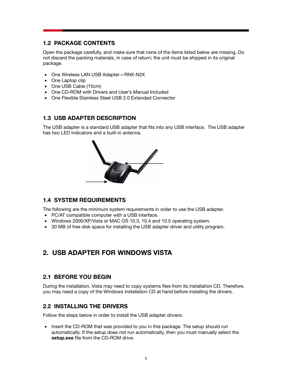 Ackage, Ontents, Dapter | Escription, Ystem, Equirements, Usb adapter for windows vista, Efore, Egin, Nstalling the | Rosewill RNX-N2X User Manual | Page 5 / 71