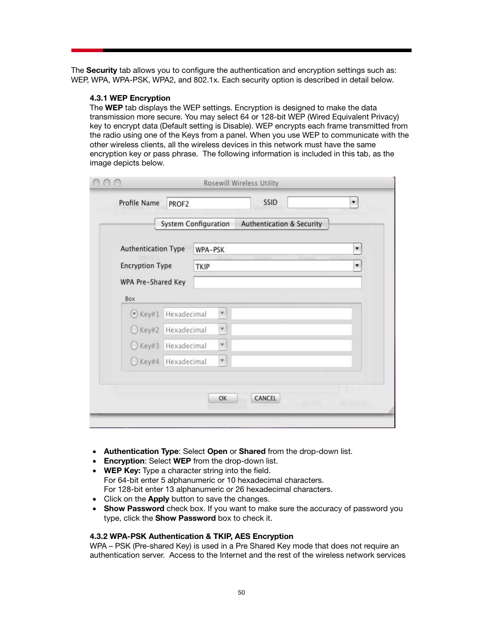 1 wep encryption, 2 wpa-psk authentication & tkip, aes encryption | Rosewill RNX-N2X User Manual | Page 50 / 71