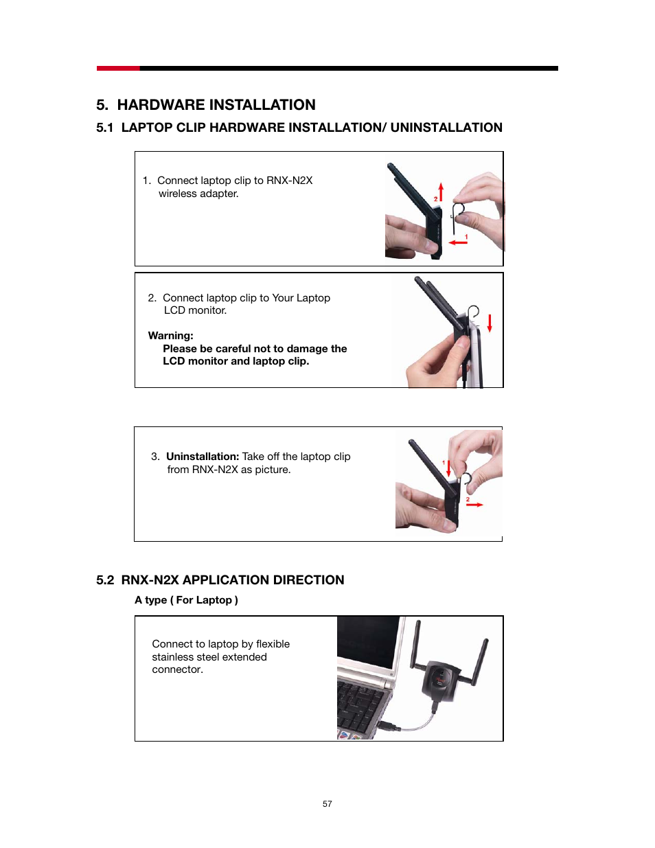 Hardware installation, Aptop clip, Ardware | Nstallation, Ninstallation, Rnx-n2x, Pplication, Irection | Rosewill RNX-N2X User Manual | Page 57 / 71