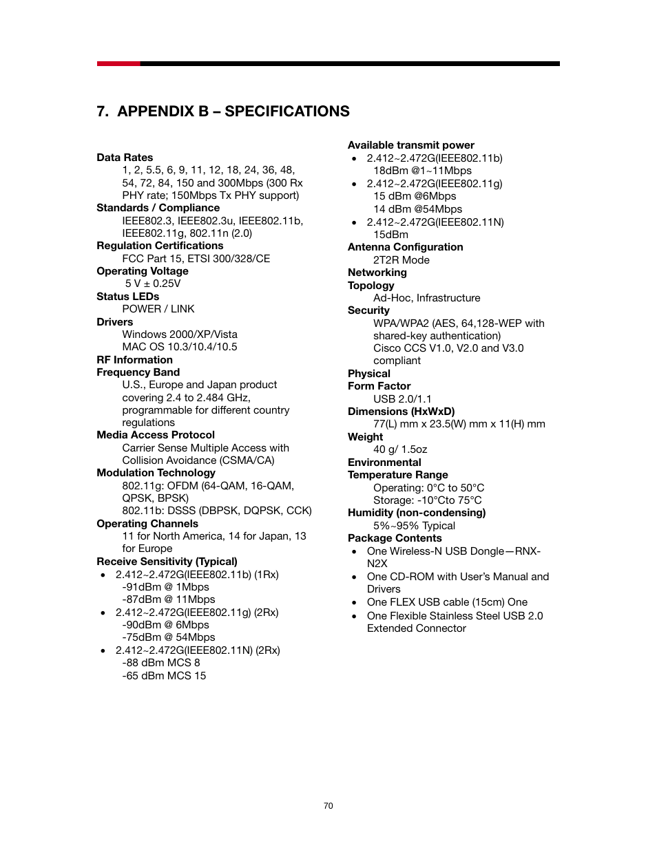 Appendix b – specifications | Rosewill RNX-N2X User Manual | Page 70 / 71