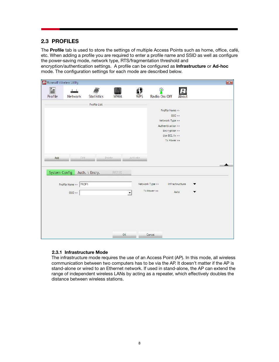 Rofiles, 1 infrastructure mode, 3 profiles | Rosewill RNX-N2X User Manual | Page 8 / 71