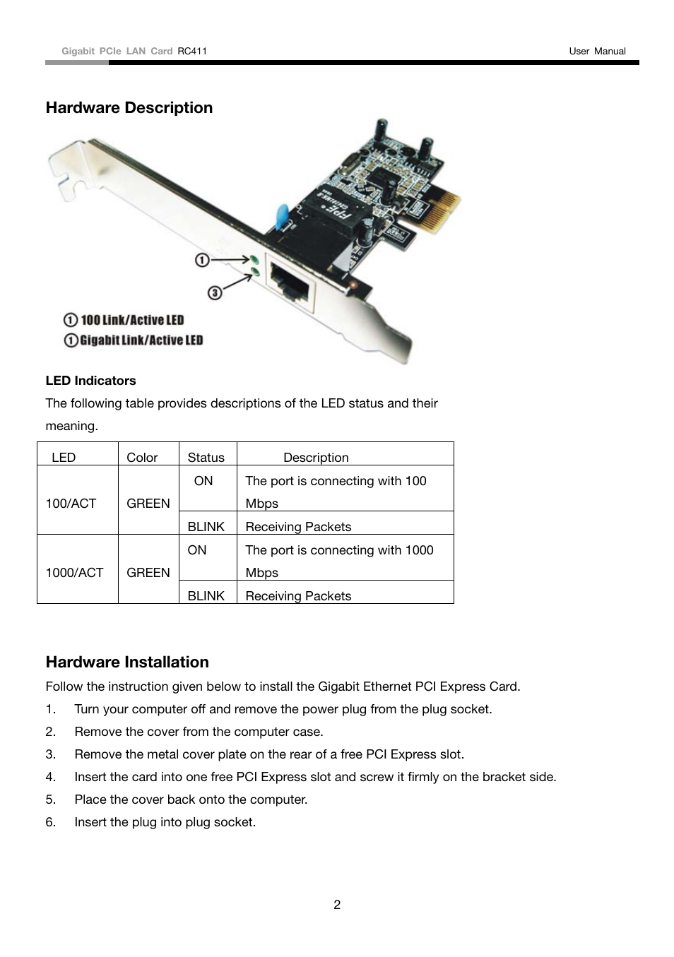 Hardware description, Hardware installation | Rosewill GIGABIT RC411 User Manual | Page 3 / 6