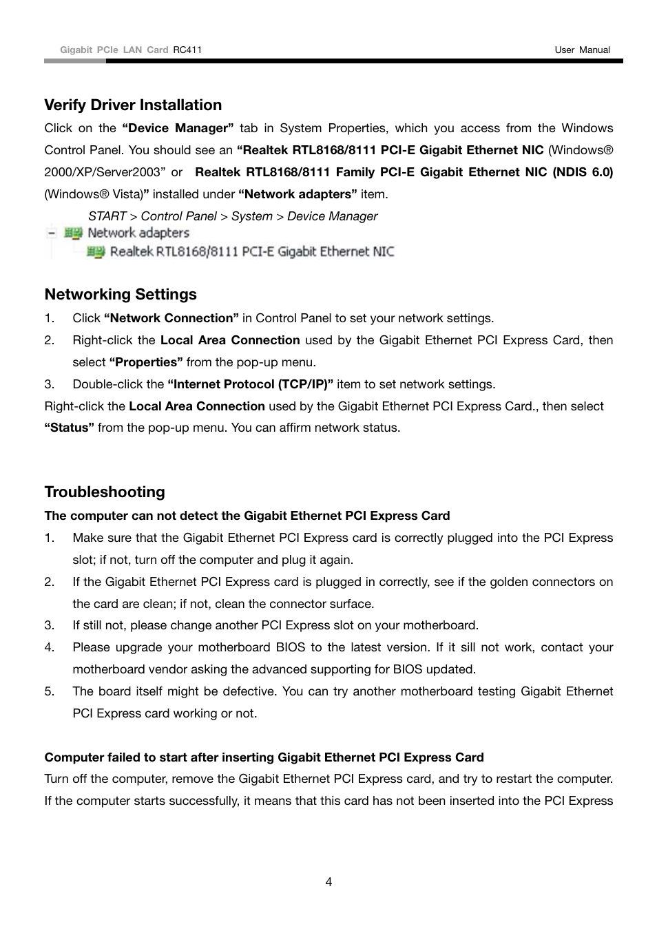Verify driver installation, Networking settings, Troubleshooting | Rosewill GIGABIT RC411 User Manual | Page 5 / 6