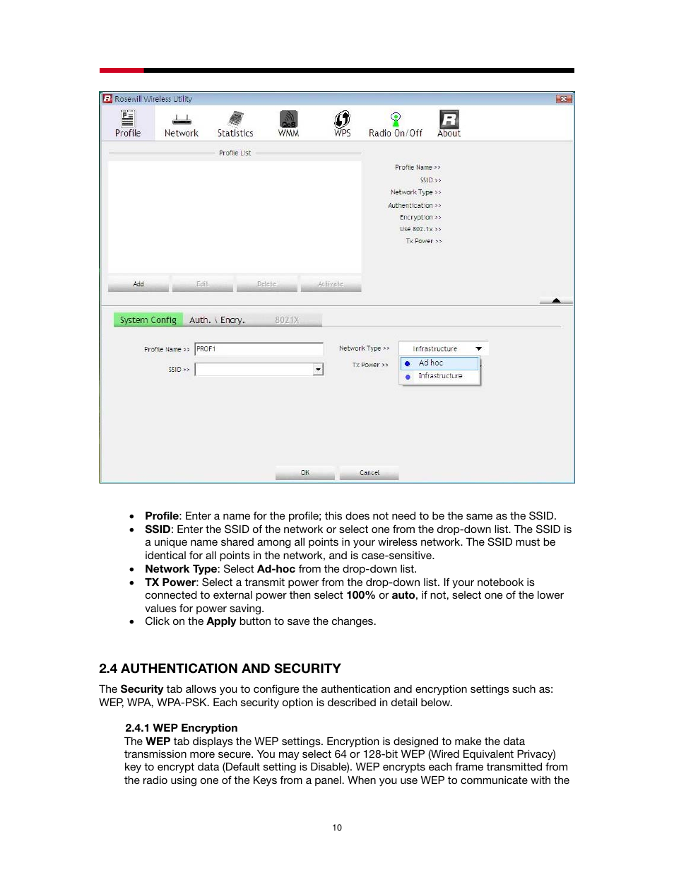 Uthentication and, Ecurity, 1 wep encryption | Rosewill RNX-N1/N1MAC User Manual | Page 10 / 71