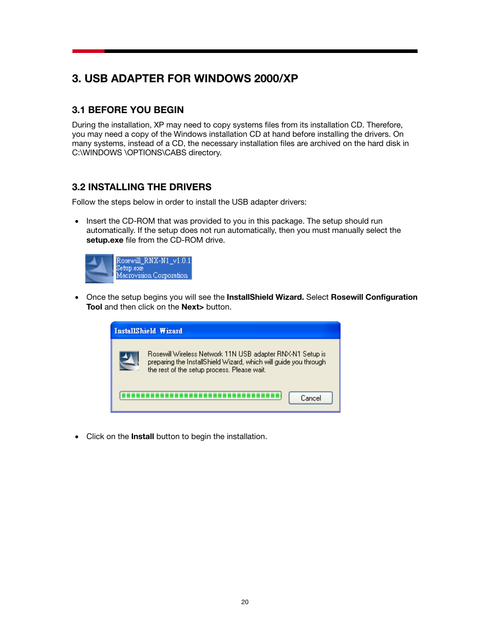 Usb adapter for windows 2000/xp, Efore, Egin | Nstalling the, Rivers | Rosewill RNX-N1/N1MAC User Manual | Page 20 / 71