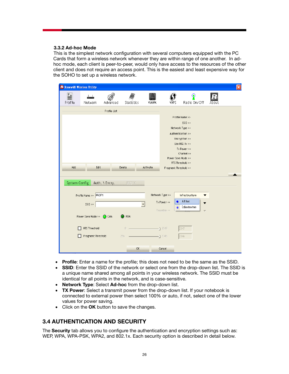 2 ad-hoc mode, Uthentication and, Ecurity | Rosewill RNX-N1/N1MAC User Manual | Page 26 / 71