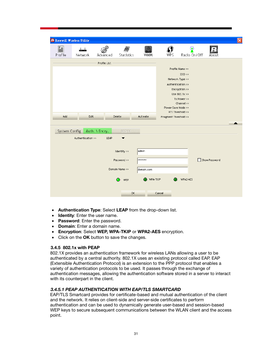 5 802.1x with peap, 1 peap authentication with eap/tls smartcard | Rosewill RNX-N1/N1MAC User Manual | Page 31 / 71
