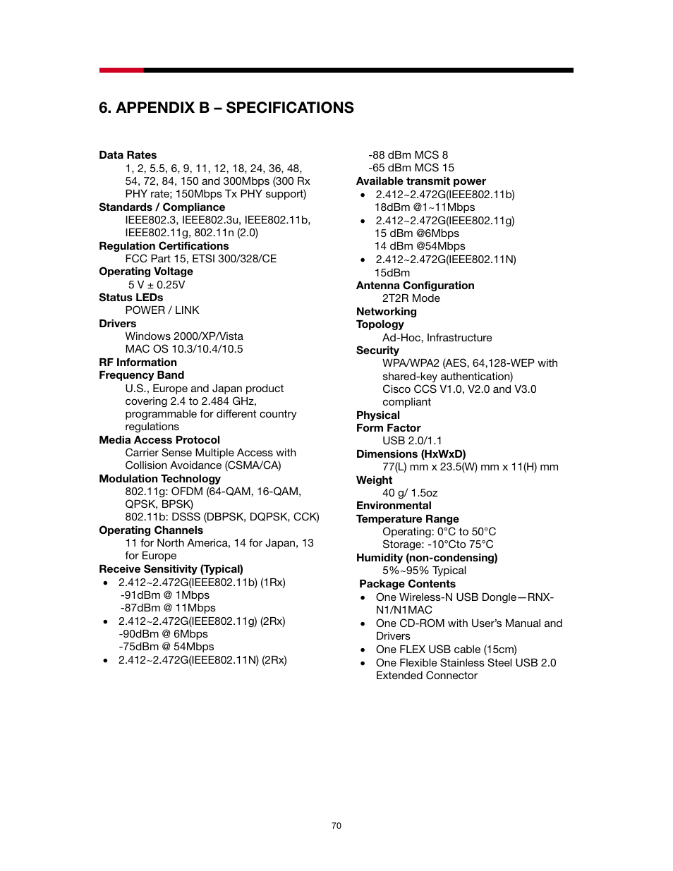Appendix b – specifications | Rosewill RNX-N1/N1MAC User Manual | Page 70 / 71