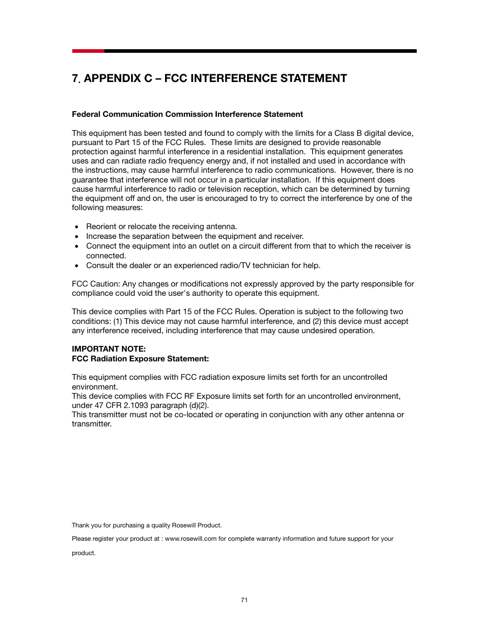 Appendix c – fcc interference statement | Rosewill RNX-N1/N1MAC User Manual | Page 71 / 71