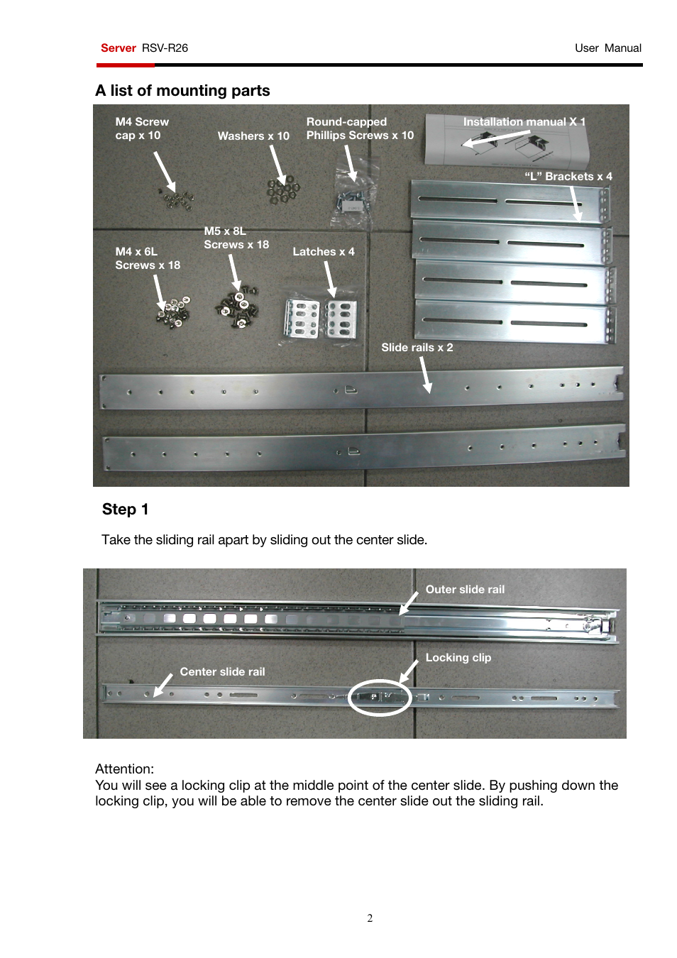 A list of mounting parts, Step 1 | Rosewill RSV-R26 User Manual | Page 2 / 6