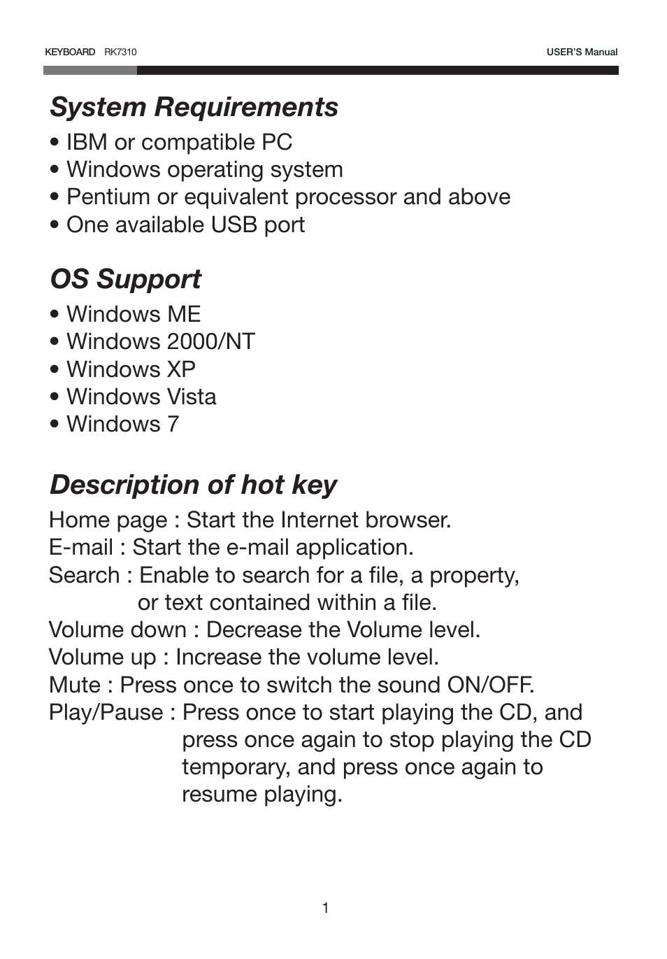 User-manual-rk7300-1, System requirements, Os support | Description of hot key | Rosewill RK-7310 User Manual | Page 2 / 7