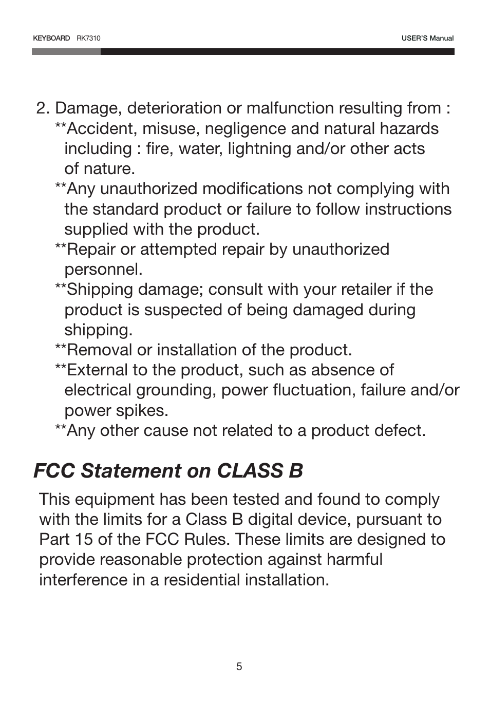 User-manual-rk7300-5, Fcc statement on class b | Rosewill RK-7310 User Manual | Page 6 / 7