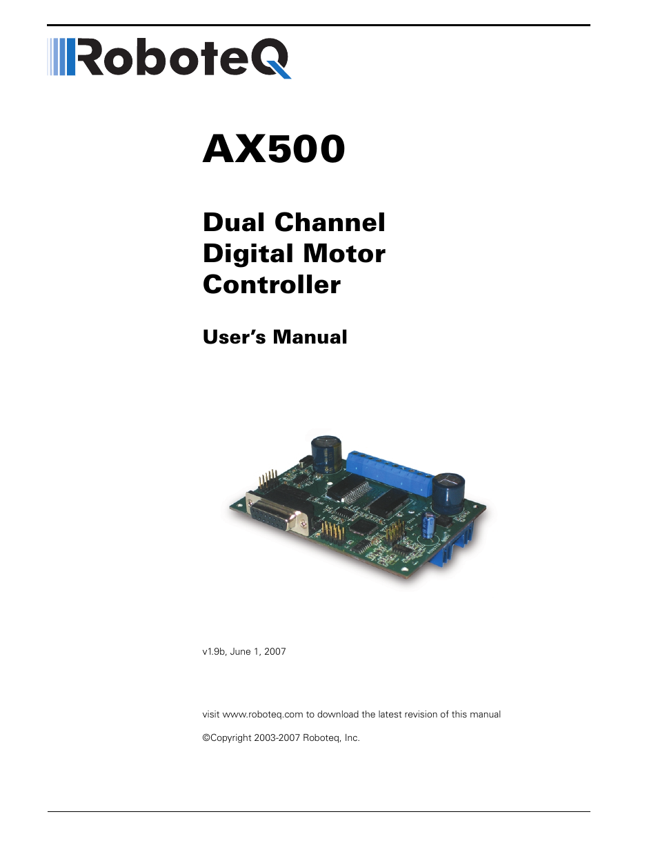 RoboteQ Dual Channel Digital Motor Controller AX500 User Manual | 154 pages