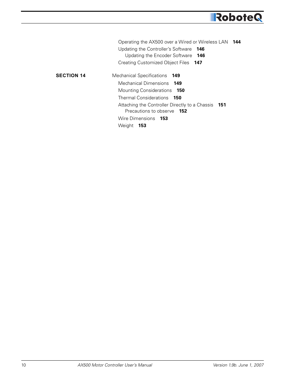 RoboteQ Dual Channel Digital Motor Controller AX500 User Manual | Page 10 / 154