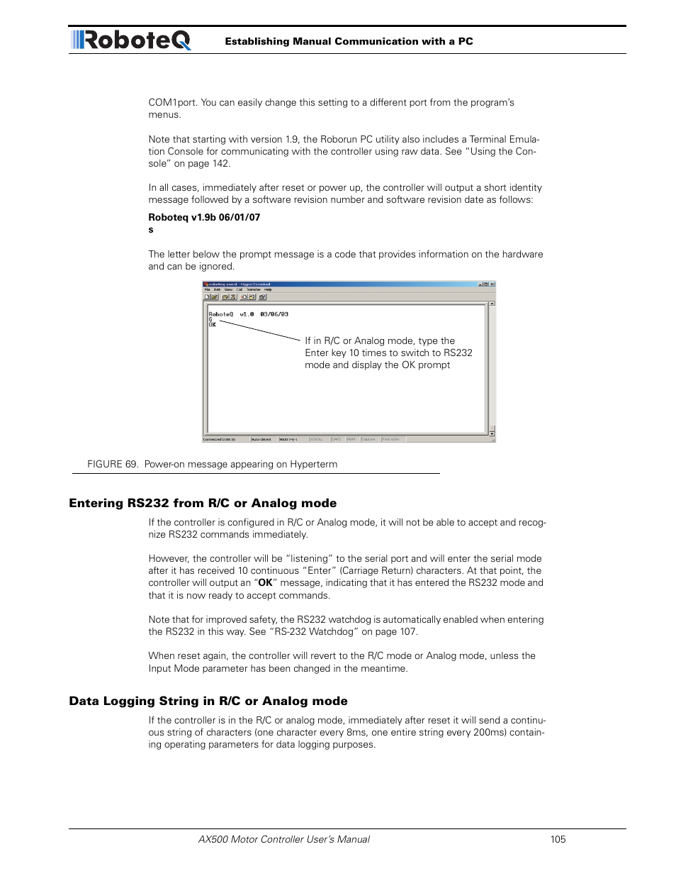 Entering rs232 from r/c or analog mode, Data logging string in r/c or analog mode | RoboteQ Dual Channel Digital Motor Controller AX500 User Manual | Page 105 / 154