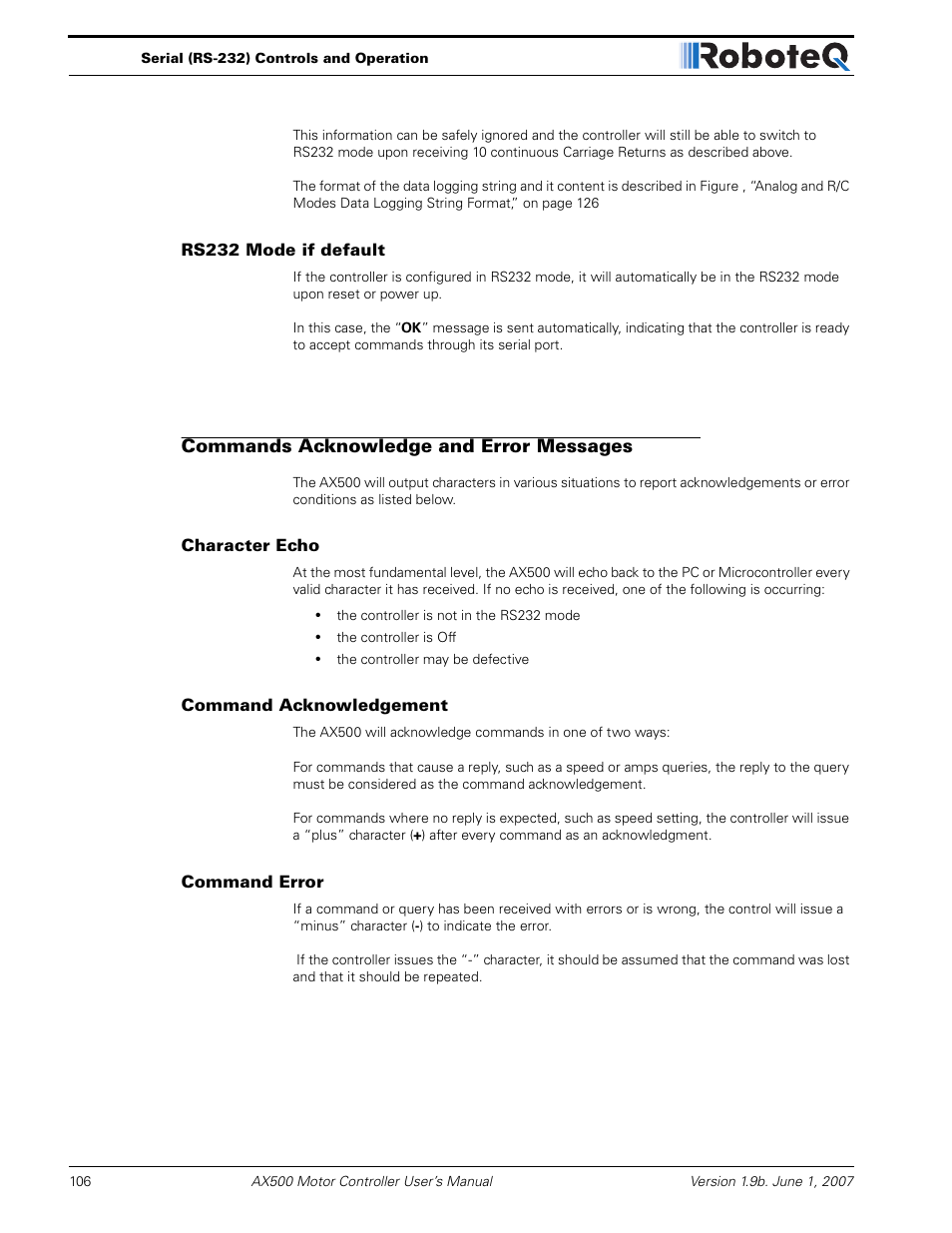 Rs232 mode if default, Commands acknowledge and error messages, Character echo | Command acknowledgement, Command error | RoboteQ Dual Channel Digital Motor Controller AX500 User Manual | Page 106 / 154