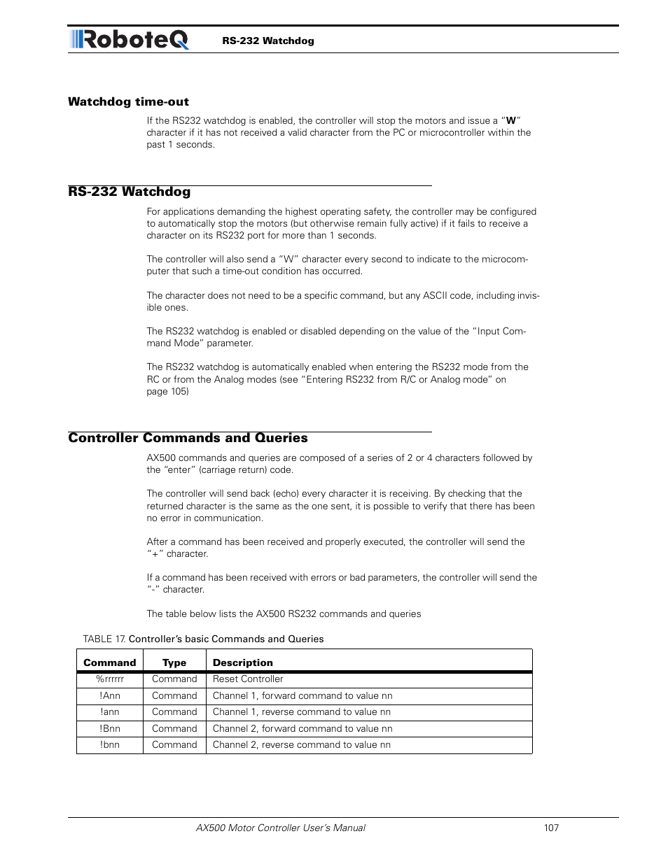 Watchdog time-out, Rs-232 watchdog, Controller commands and queries | RoboteQ Dual Channel Digital Motor Controller AX500 User Manual | Page 107 / 154