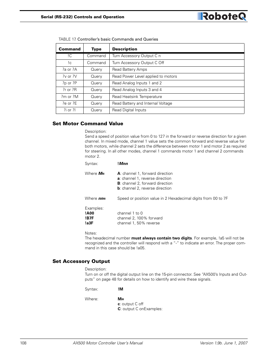 Set motor command value, Set accessory output | RoboteQ Dual Channel Digital Motor Controller AX500 User Manual | Page 108 / 154