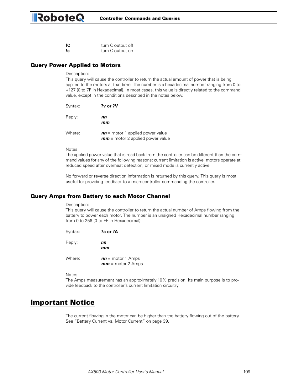 Query power applied to motors, Query amps from battery to each motor channel, Important notice | RoboteQ Dual Channel Digital Motor Controller AX500 User Manual | Page 109 / 154