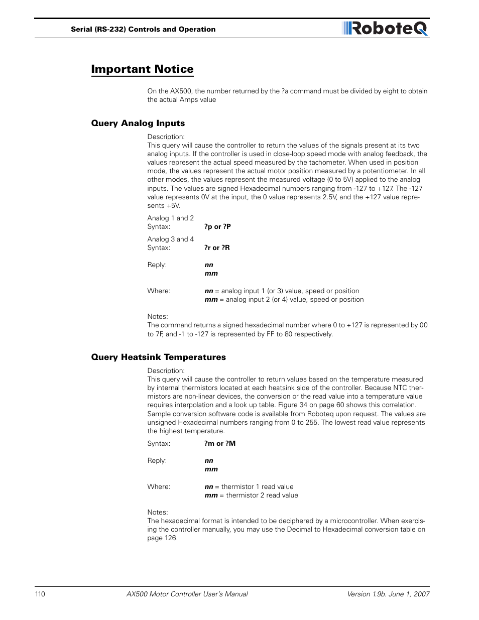 Important notice, Query analog inputs, Query heatsink temperatures | RoboteQ Dual Channel Digital Motor Controller AX500 User Manual | Page 110 / 154