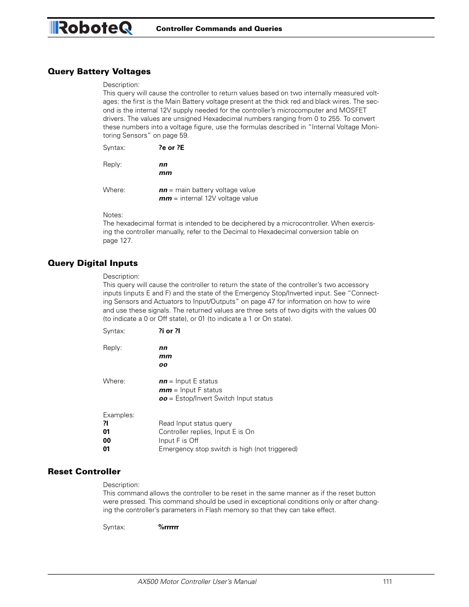 Query battery voltages, Query digital inputs, Reset controller | RoboteQ Dual Channel Digital Motor Controller AX500 User Manual | Page 111 / 154