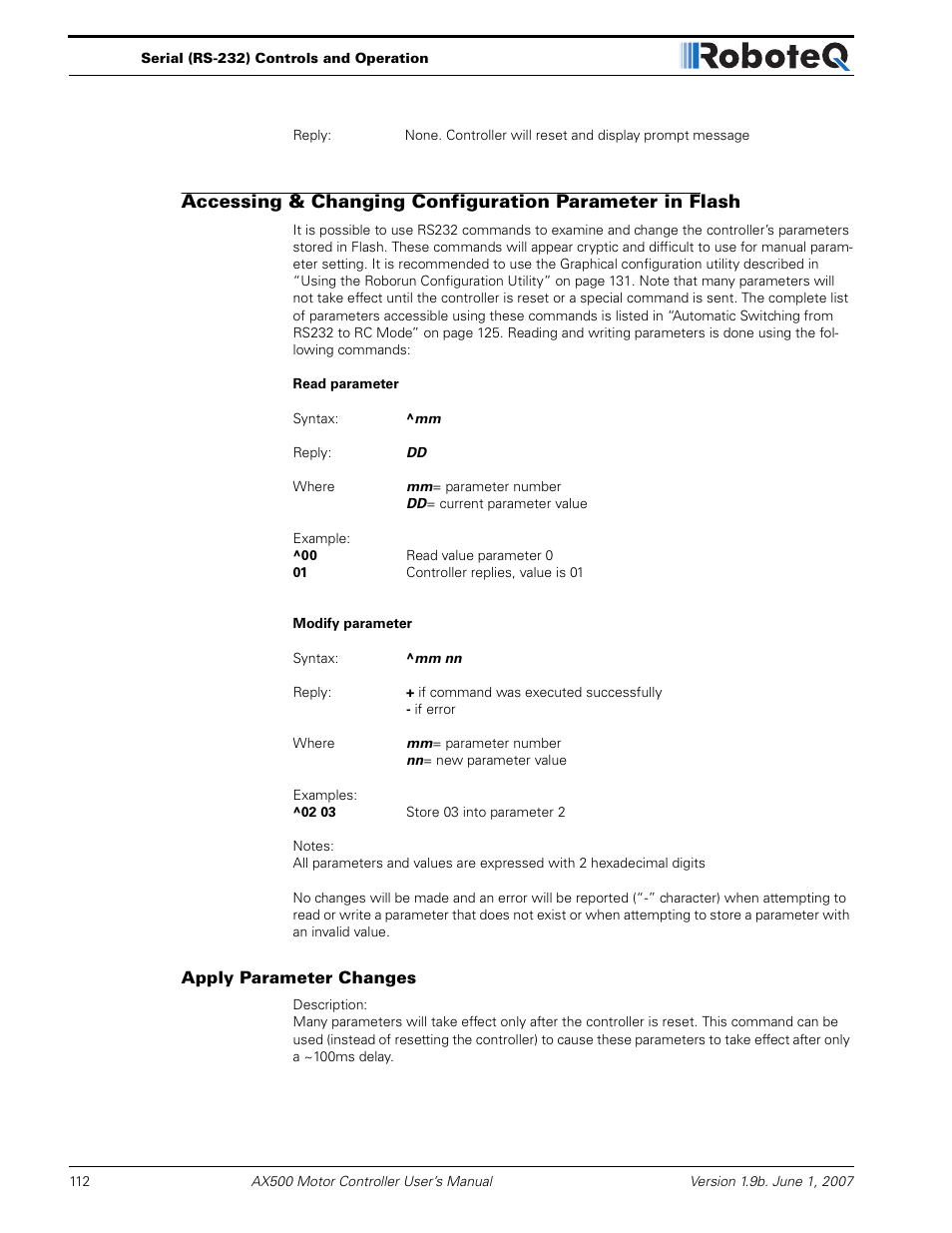 Apply parameter changes | RoboteQ Dual Channel Digital Motor Controller AX500 User Manual | Page 112 / 154