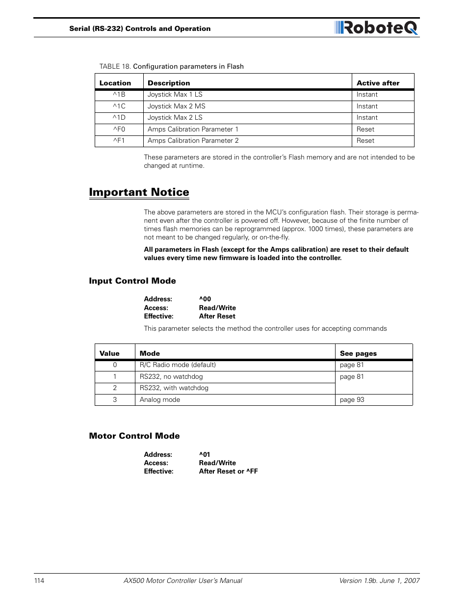 Important notice, Input control mode, Motor control mode | RoboteQ Dual Channel Digital Motor Controller AX500 User Manual | Page 114 / 154