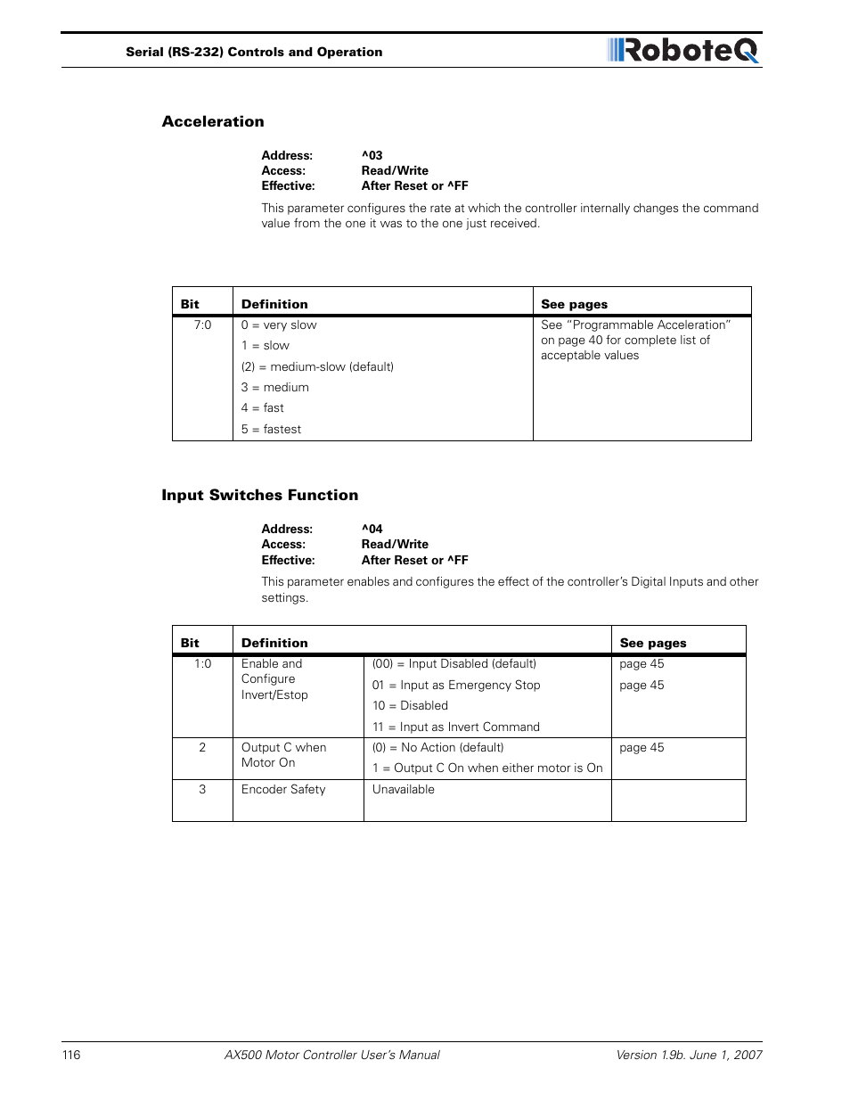 Acceleration, Input switches function | RoboteQ Dual Channel Digital Motor Controller AX500 User Manual | Page 116 / 154